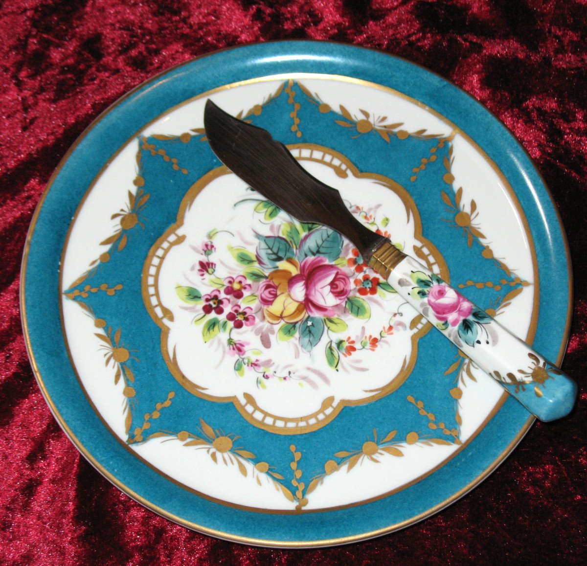 Cheese Or Cake Plate And Its Sèvres Porcelain Knife In Its Original Box-photo-3