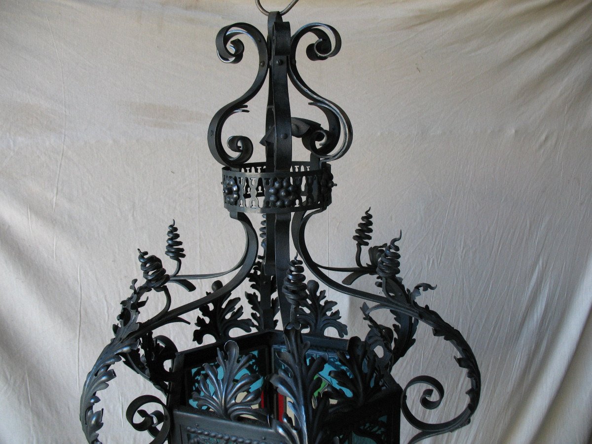 Large Wrought Iron Lantern And Colored Stained Glass-photo-3