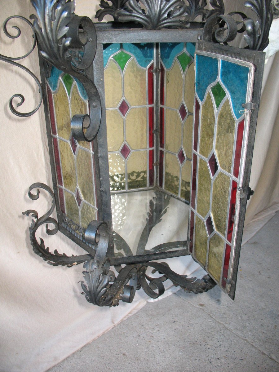 Large Wrought Iron Lantern And Colored Stained Glass-photo-4