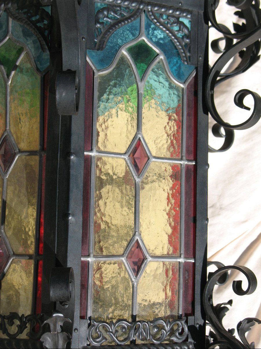 Large Wrought Iron Lantern And Colored Stained Glass-photo-8