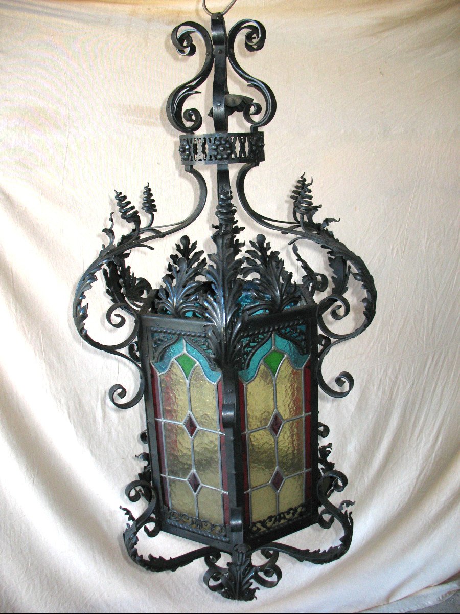 Large Wrought Iron Lantern And Colored Stained Glass