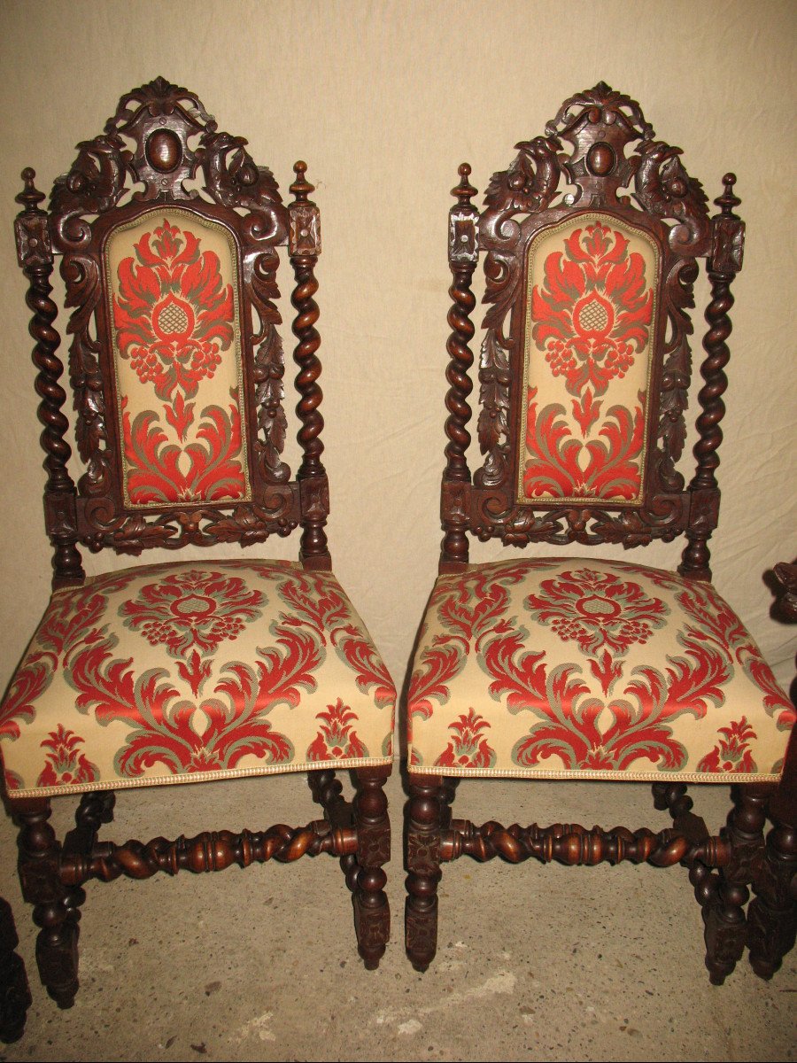 Suite Of 6 Renaissance Style Seats In Carved Oak 19th Time-photo-2