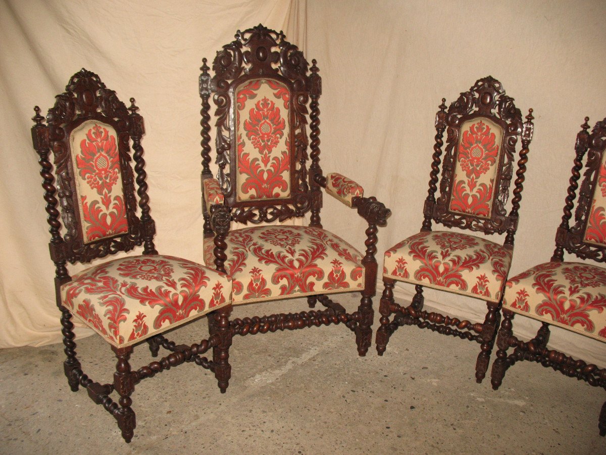 Suite Of 6 Renaissance Style Seats In Carved Oak 19th Time-photo-1