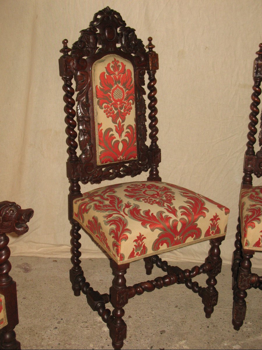 Suite Of 6 Renaissance Style Seats In Carved Oak 19th Time-photo-7