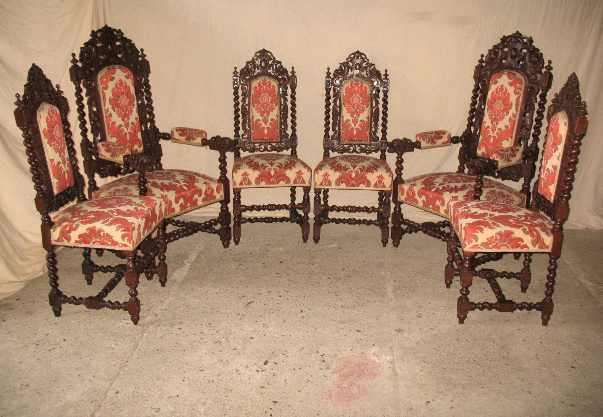 Suite Of 6 Renaissance Style Seats In Carved Oak 19th Time