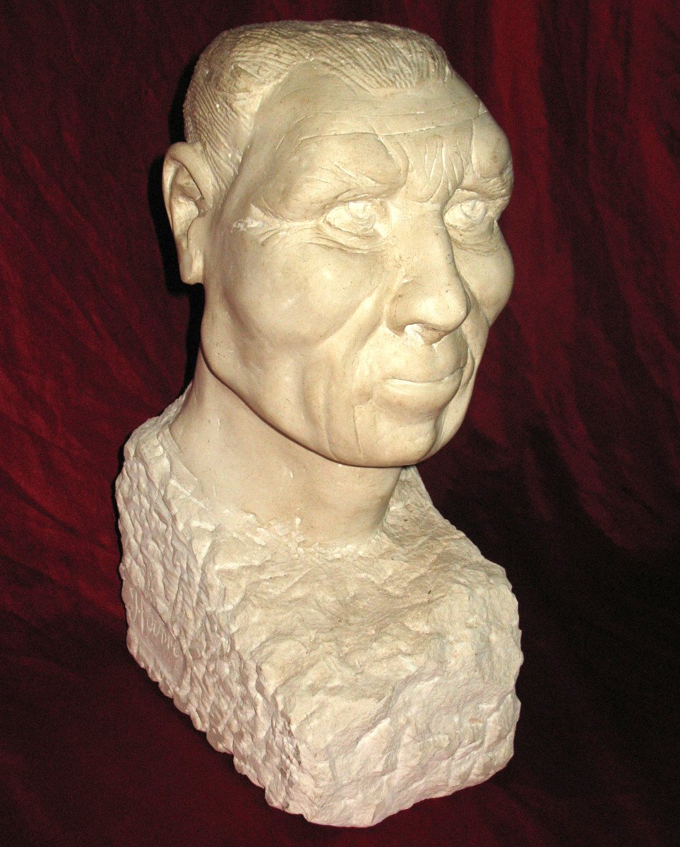 Male Bust In Burgundy Stone Signed Moudie