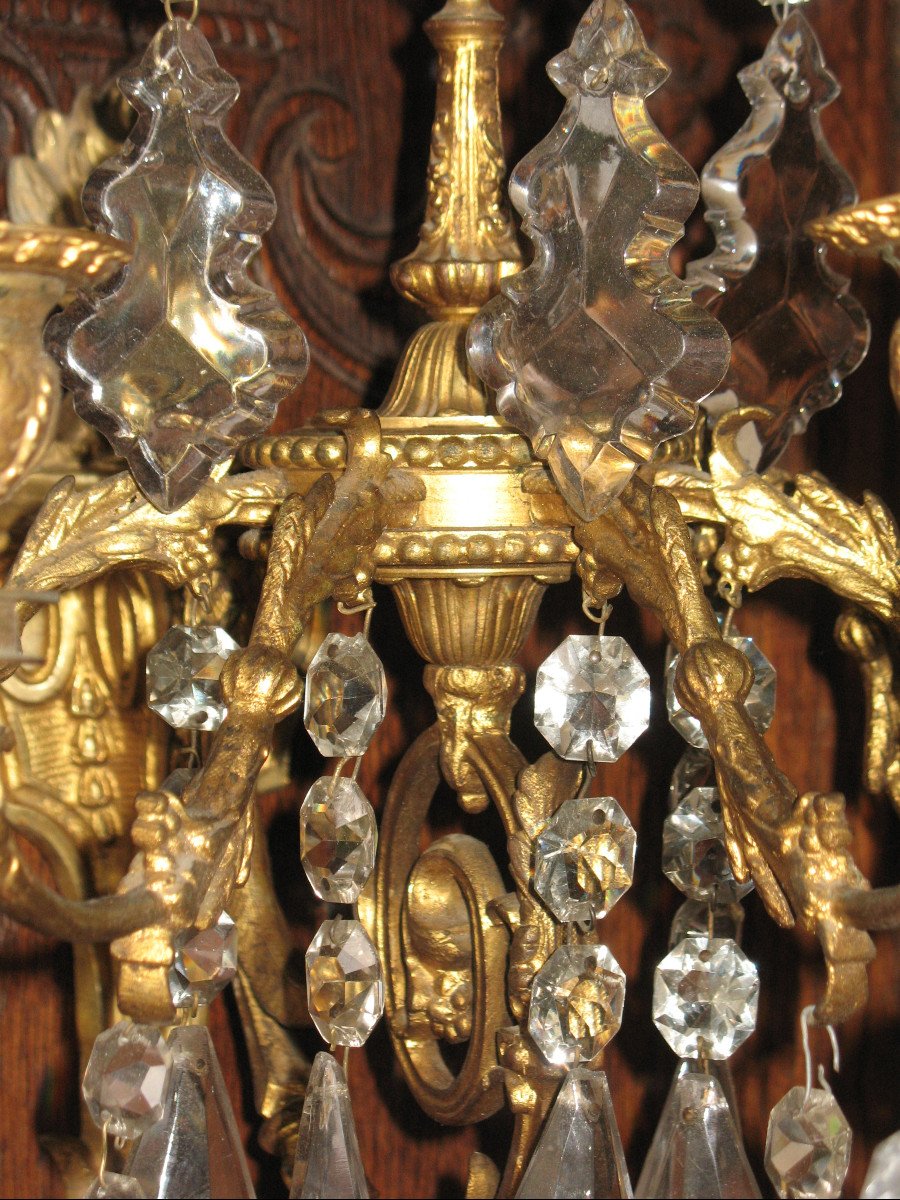 Pair Of Gilt Bronze Sconces And Pendants With 6 Lights In Louis XVI Style, 19th Time-photo-4