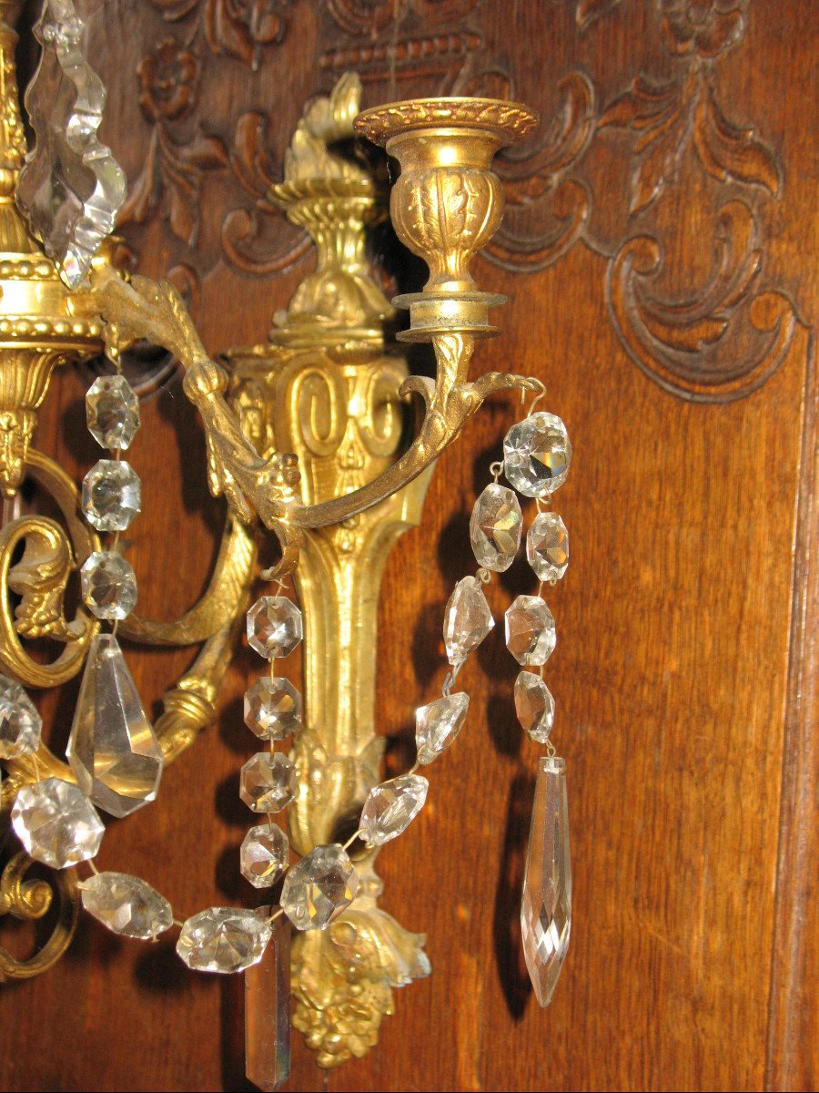 Pair Of Gilt Bronze Sconces And Pendants With 6 Lights In Louis XVI Style, 19th Time-photo-1