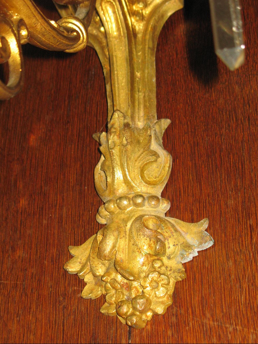 Paire d'appliques en bronze doré et pampilles à 6 lumières de style Louis XVI époque 19ème-photo-2