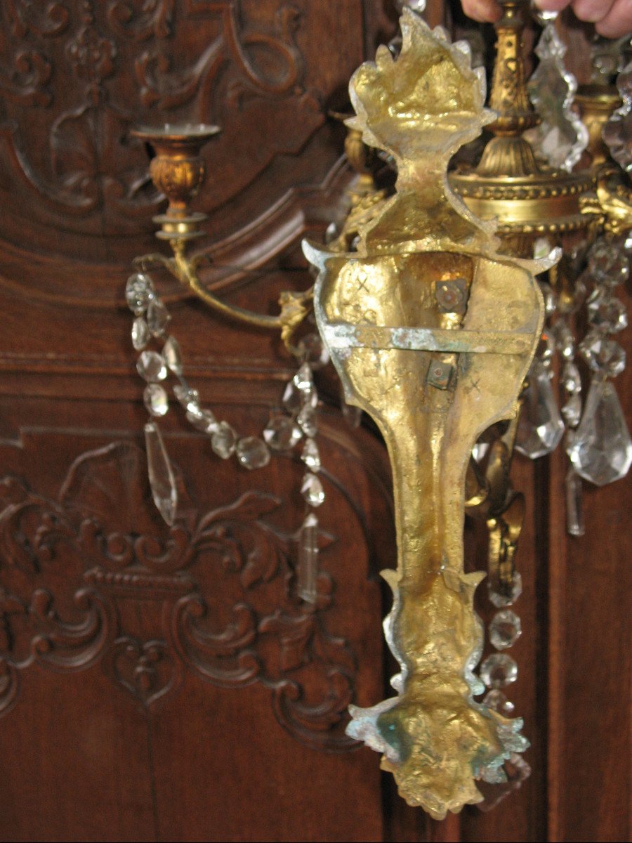 Paire d'appliques en bronze doré et pampilles à 6 lumières de style Louis XVI époque 19ème-photo-8