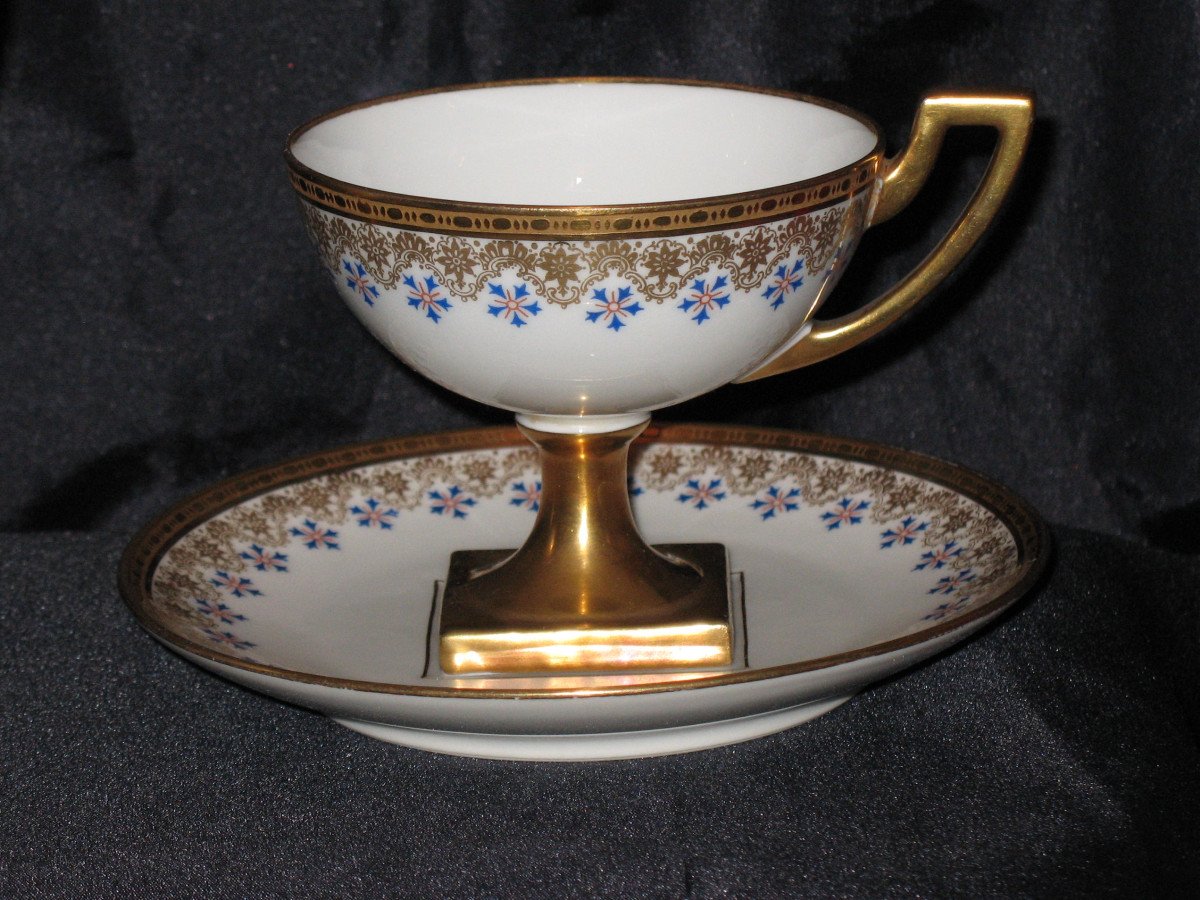 Cup And Sugar Bowl In Limoges Porcelain By Jean Pouyat Decorated With Barbeaux, 19th Century-photo-2