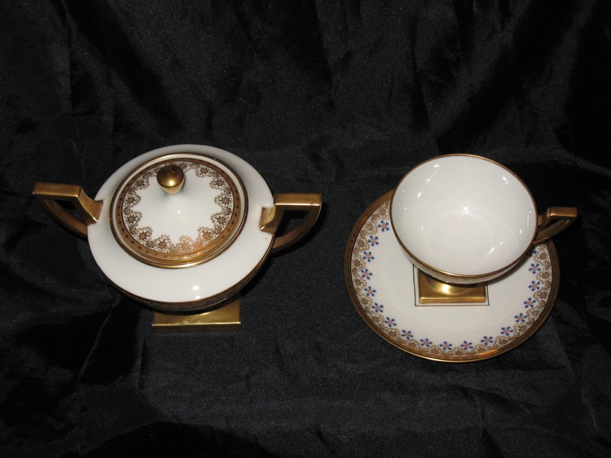Cup And Sugar Bowl In Limoges Porcelain By Jean Pouyat Decorated With Barbeaux, 19th Century-photo-1