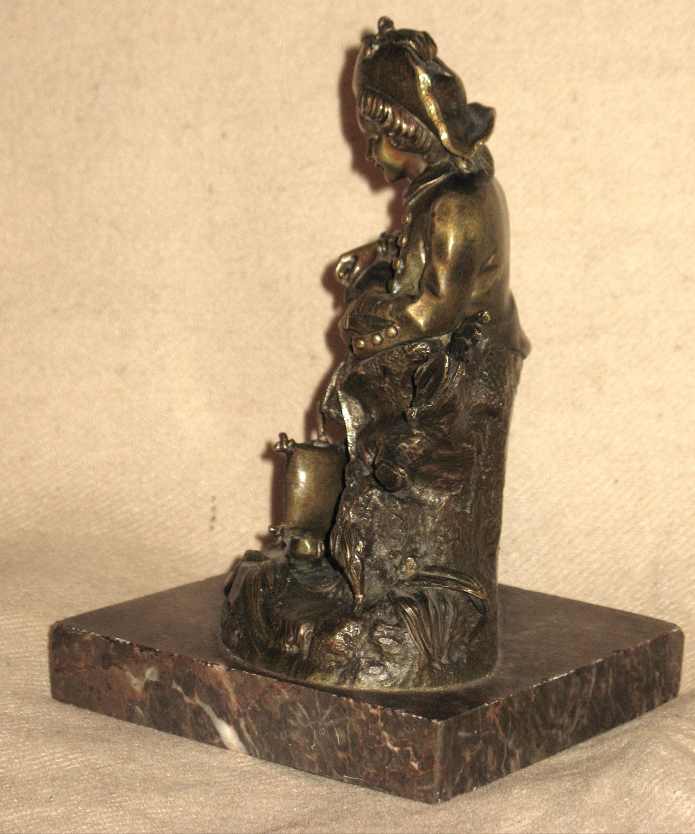 Bronze époque 19ème sur socle en marbre : Poète au bord de l'eau-photo-3