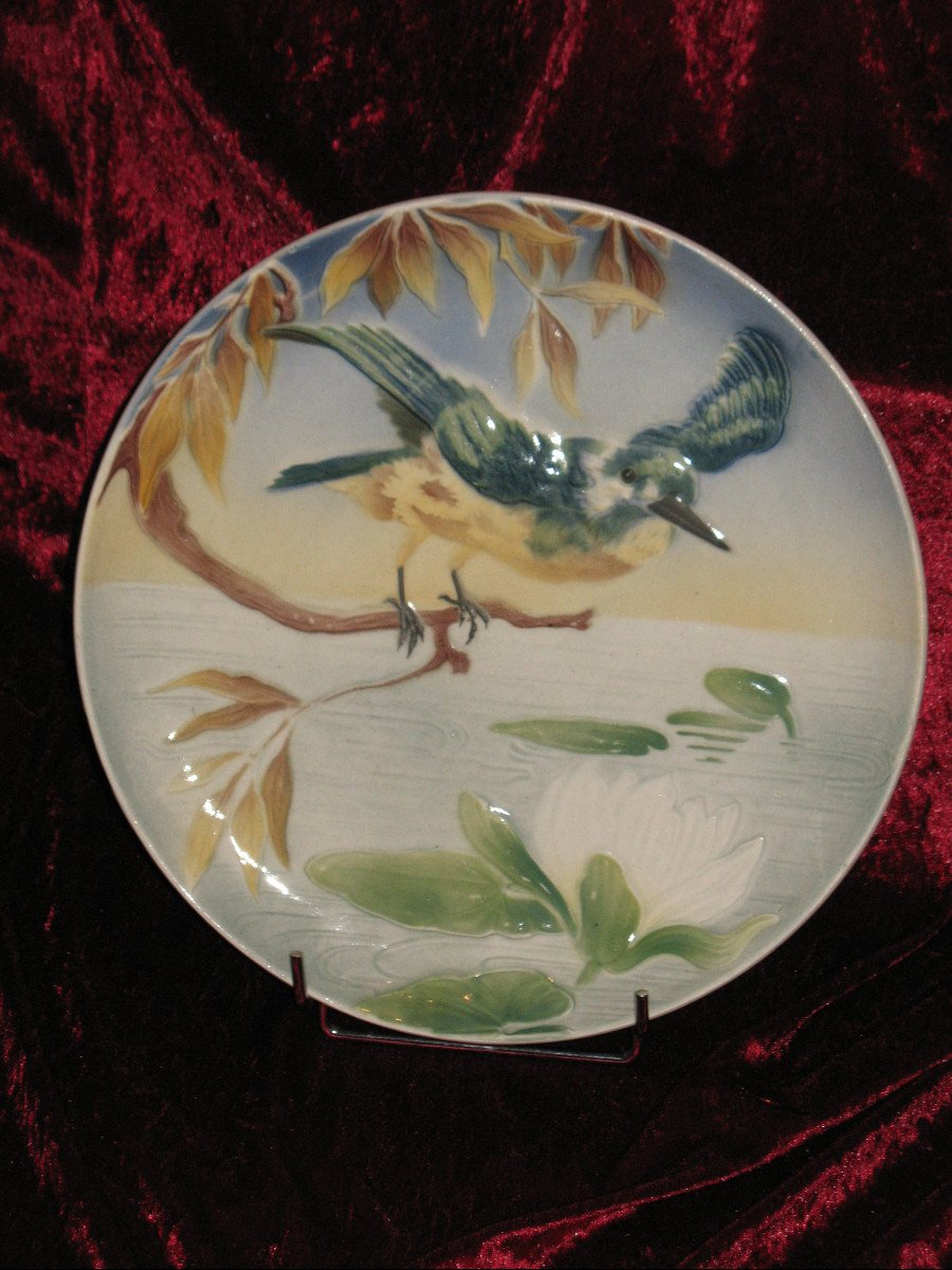 Paire de plats en faïence de Lunéville à décor d'oiseau branché époque fin 19ème-photo-2