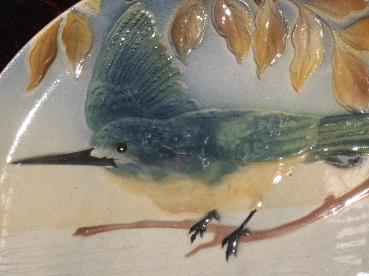 Paire de plats en faïence de Lunéville à décor d'oiseau branché époque fin 19ème-photo-2