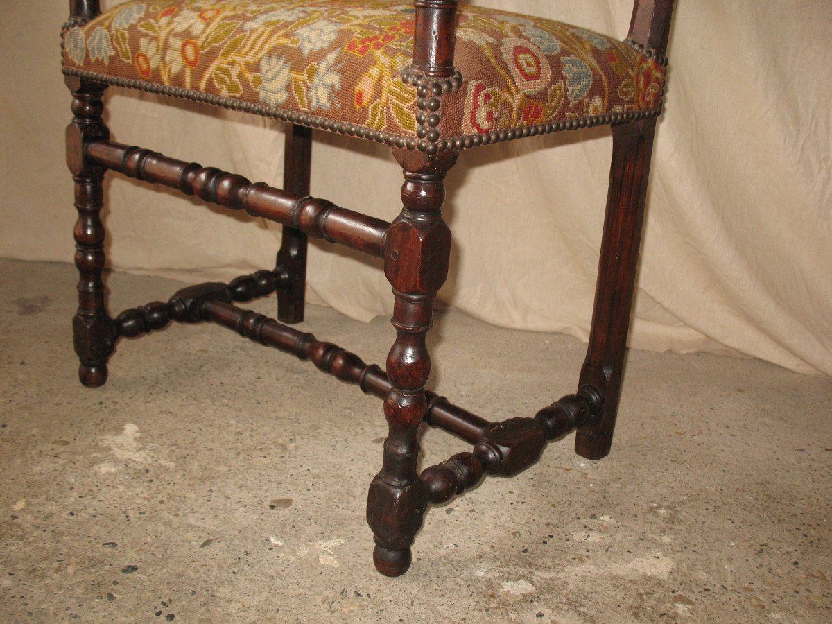 Pair Of Louis XIII Arm Chairs In Walnut With Floral Tapestry And Birds-photo-4
