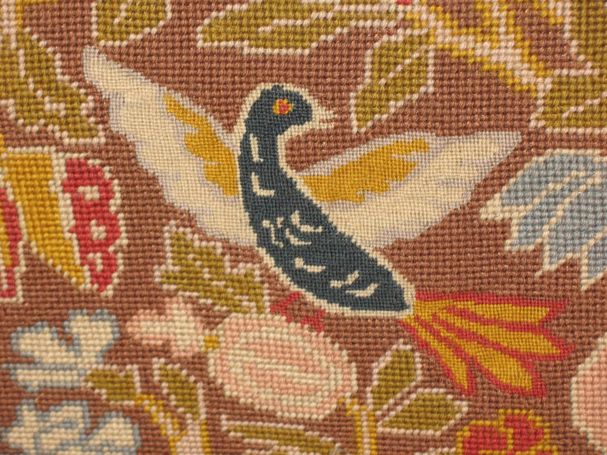 Paire de fauteuils à bras époque Louis XIII en noyer à tapisserie florale et oiseaux époque 17ème-photo-3