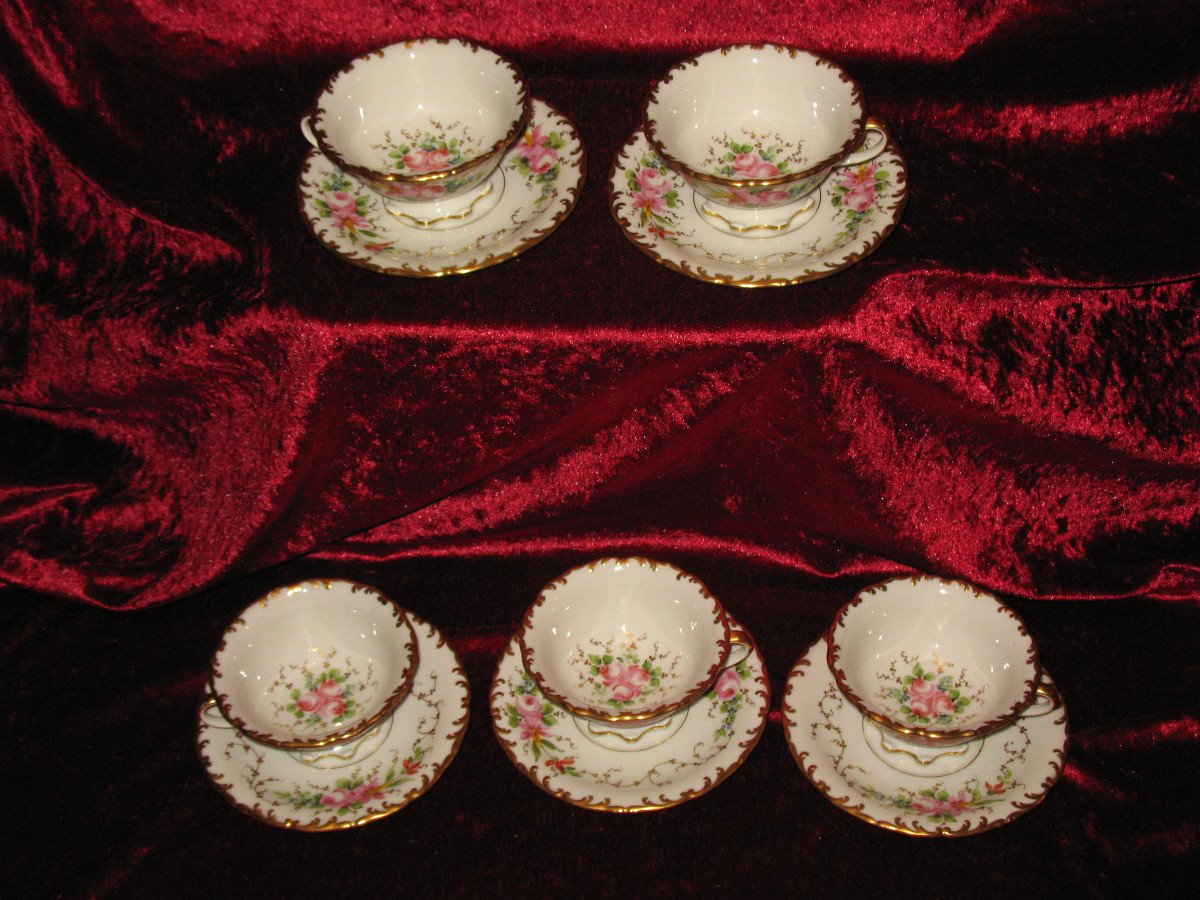 5 Limoges Porcelain Cups Decorated With Roses-photo-8