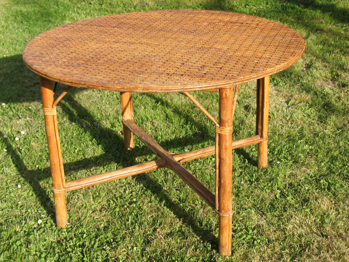 Large Mid-20th Century Rattan Garden Table-photo-2