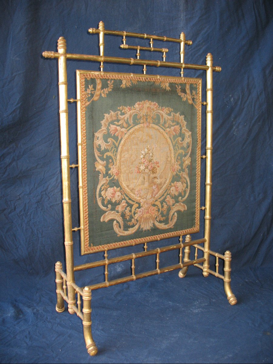 Fire Screen Fireplace Screen Spark Guard In Gilded Wood Bamboo Style 19th Century-photo-2