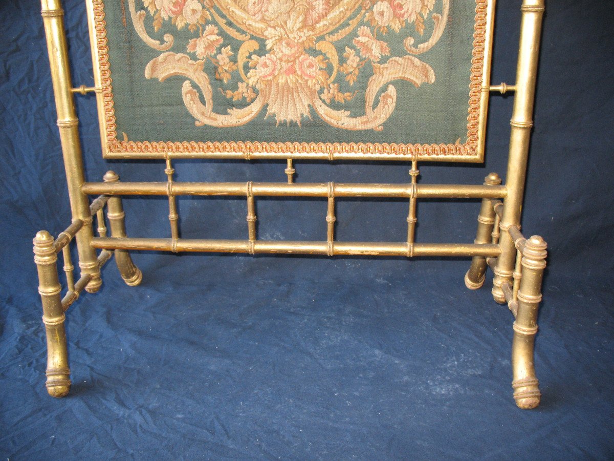 Fire Screen Fireplace Screen Spark Guard In Gilded Wood Bamboo Style 19th Century-photo-4