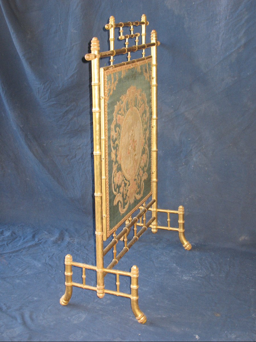 Fire Screen Fireplace Screen Spark Guard In Gilded Wood Bamboo Style 19th Century-photo-7