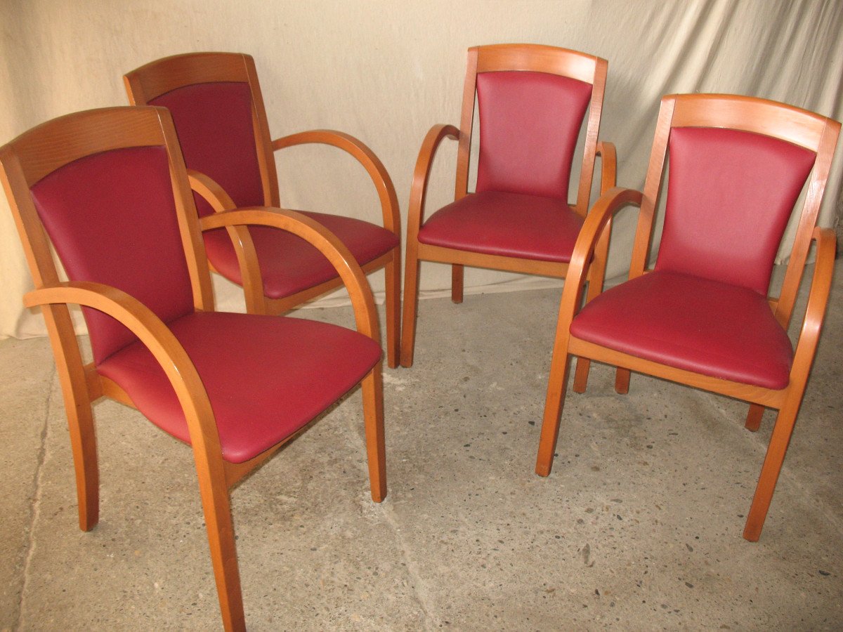 Suite de 4 fauteuils bridge design années 50-60 en hêtre courbé teinté miel-photo-6