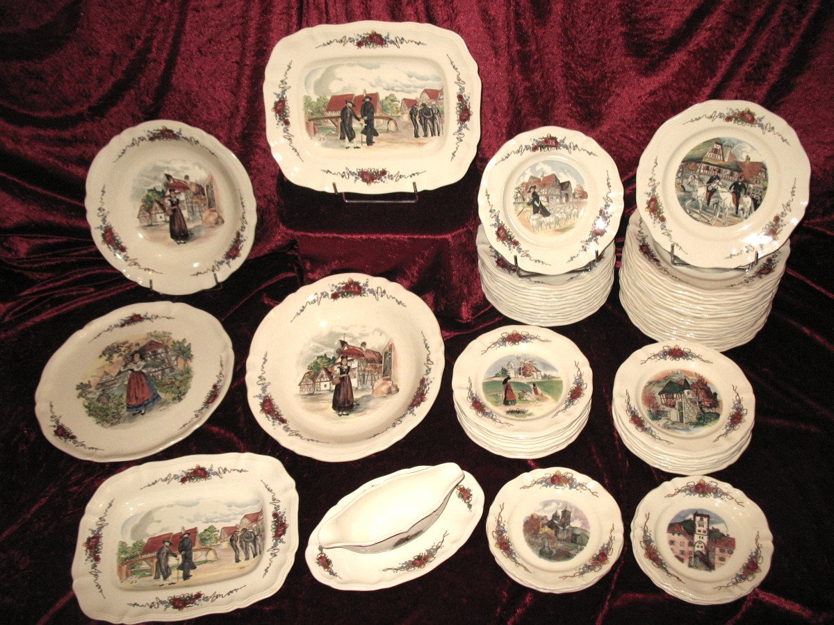 Sarreguemines Earthenware Table Service With Alsatian Obernai Decor By Henri Loux 20th Century