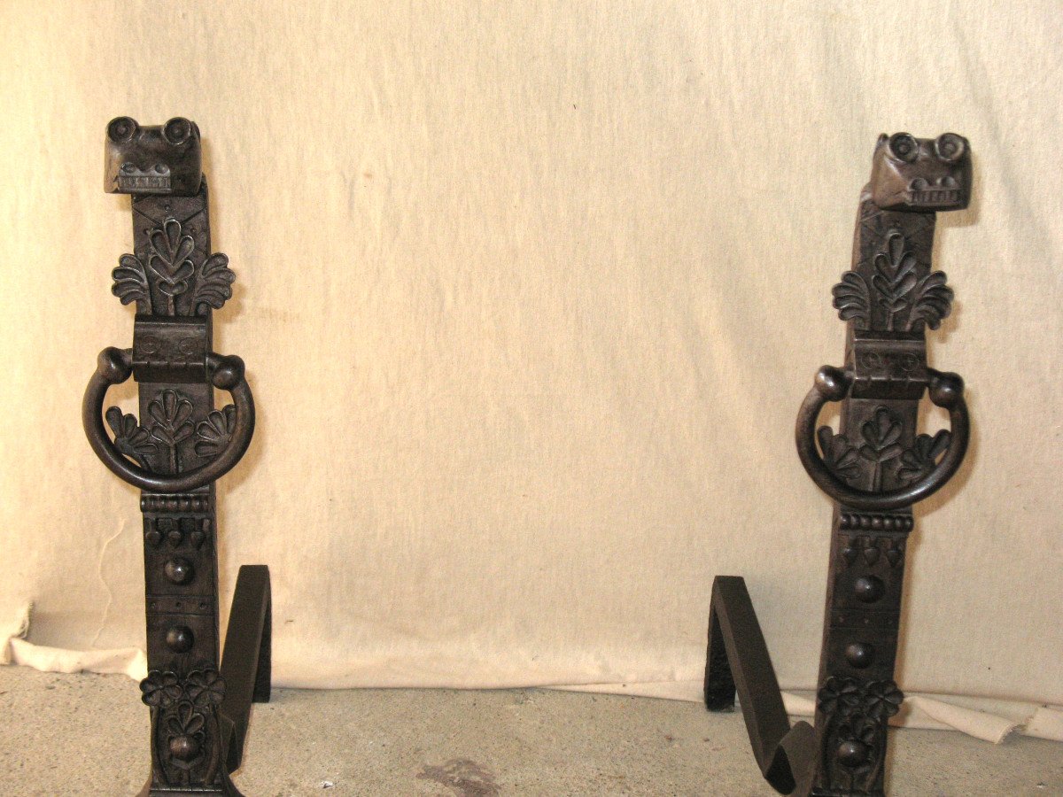 Pair Of Fireplace Landier Andirons Decorated With Fantastic Animals, 20th Century-photo-1