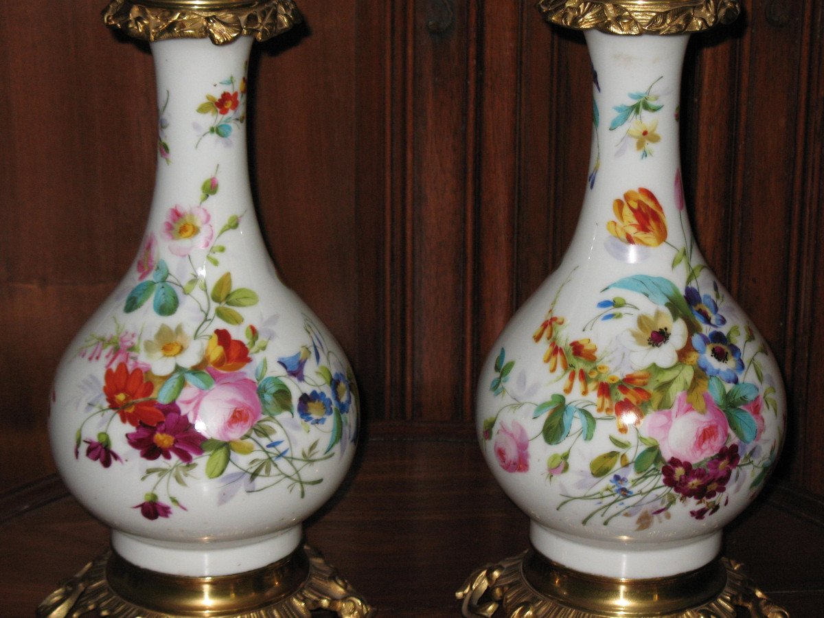 Paire de grandes lampes en porcelaine de Paris et bronze doré époque 19ème-photo-3