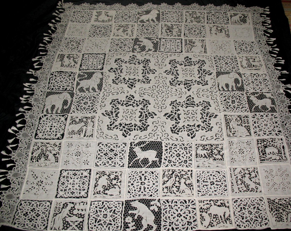 Tablecloth Or Bedspread In Luxeuil Lace And Richelieu Embroidery, 19th Century-photo-1