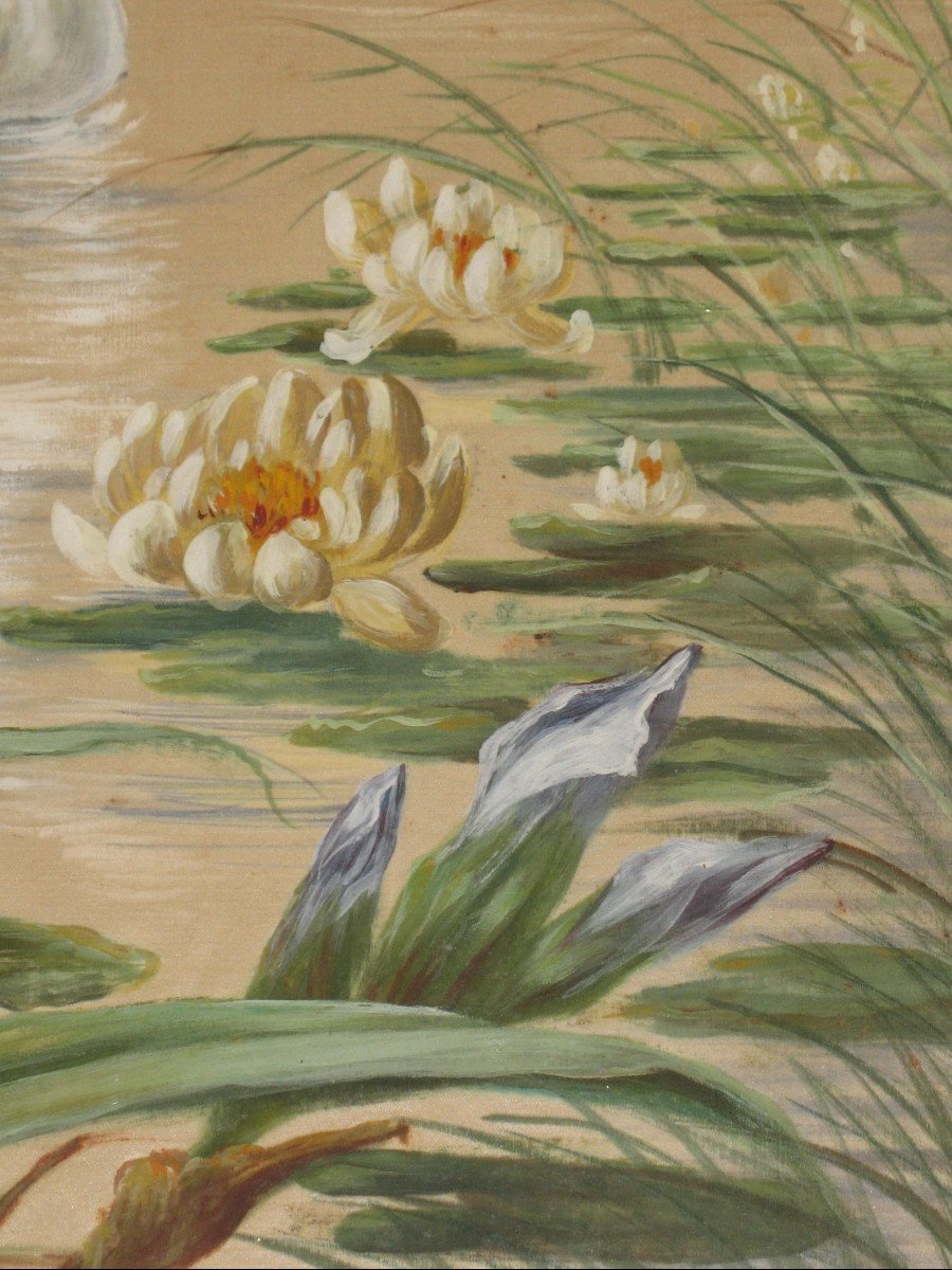 Framed Painted Silk Panel With Japanese Lake Decor, Early 20th Century-photo-4