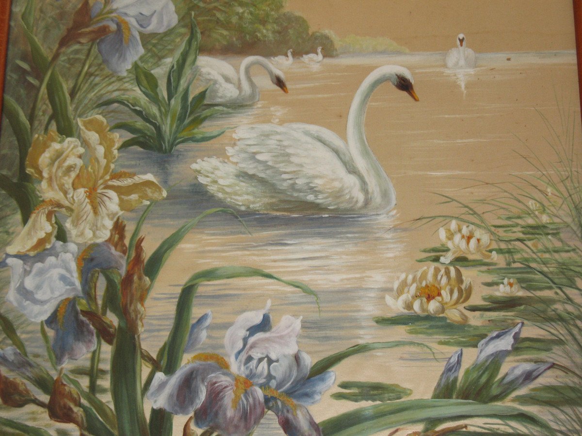 Framed Painted Silk Panel With Japanese Lake Decor, Early 20th Century-photo-5
