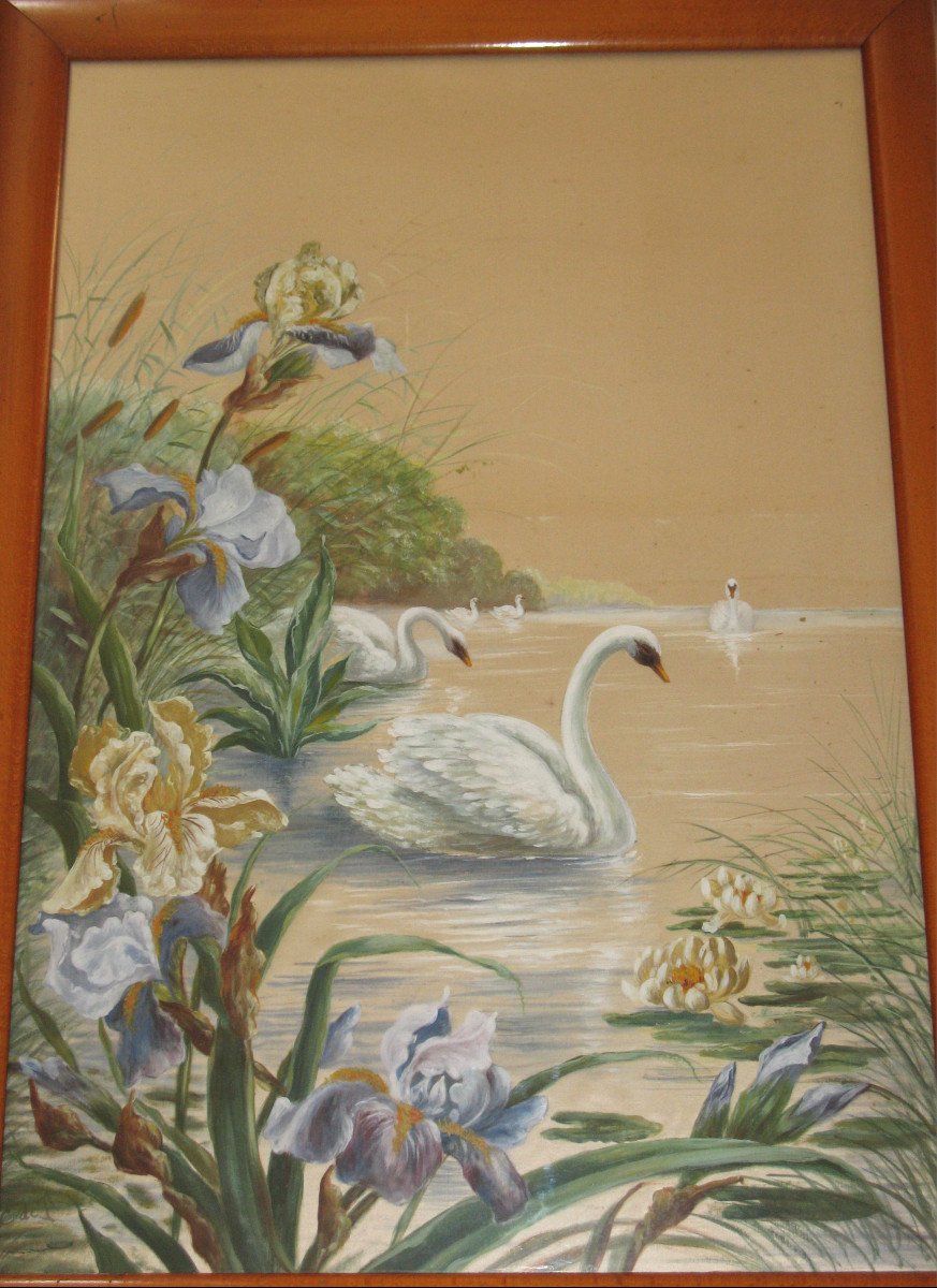 Framed Painted Silk Panel With Japanese Lake Decor, Early 20th Century