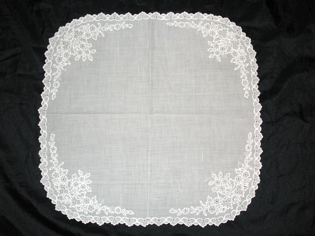 Wedding Handkerchief In White Embroidery On Batiste With Flower Decoration