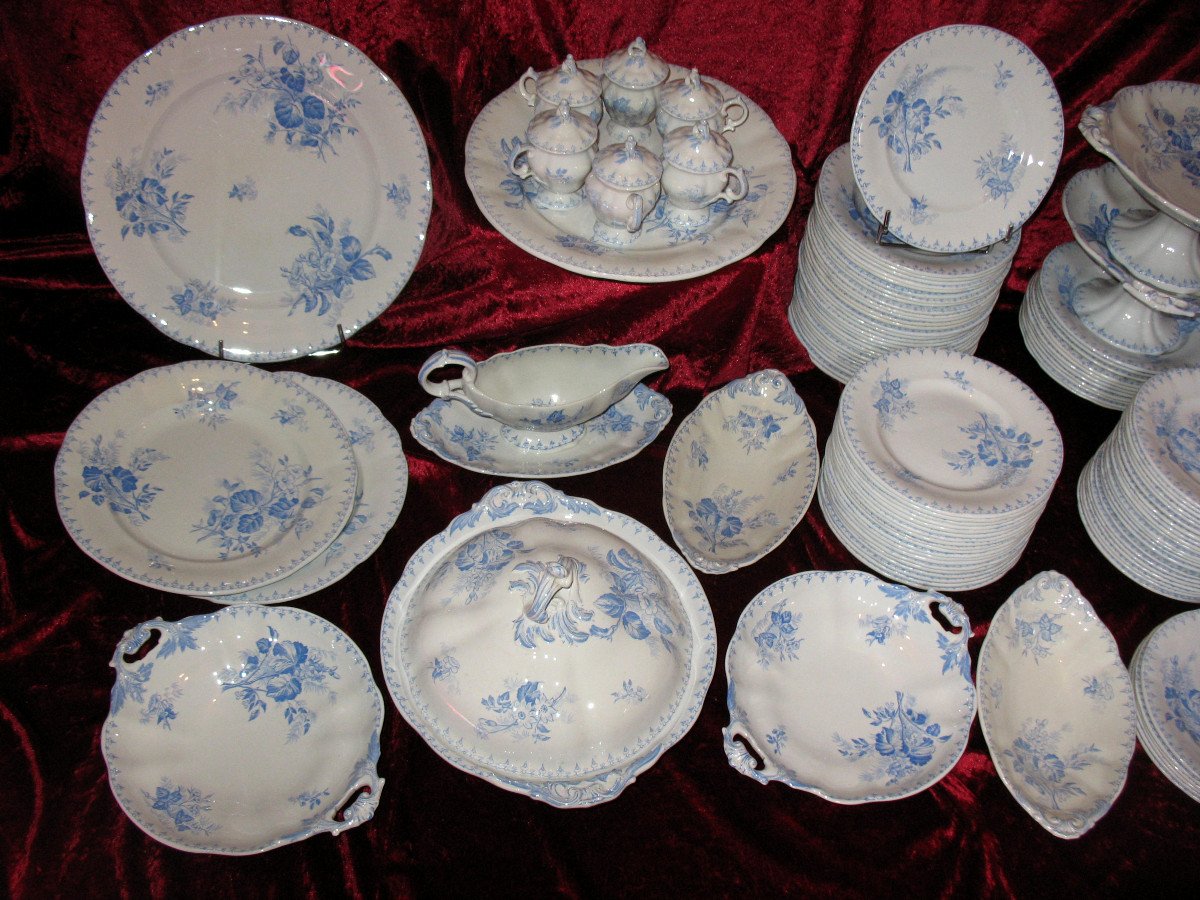 Sarreguemines Earthenware Table Service, 19th Century, "flora" Decor In Sky Blue, 106 Pieces-photo-2