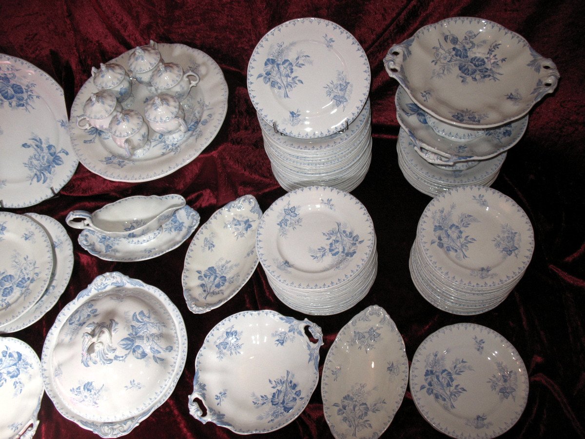 Sarreguemines Earthenware Table Service, 19th Century, "flora" Decor In Sky Blue, 106 Pieces-photo-3
