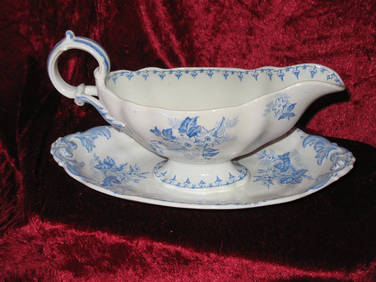 Sarreguemines Earthenware Table Service, 19th Century, "flora" Decor In Sky Blue, 106 Pieces-photo-3