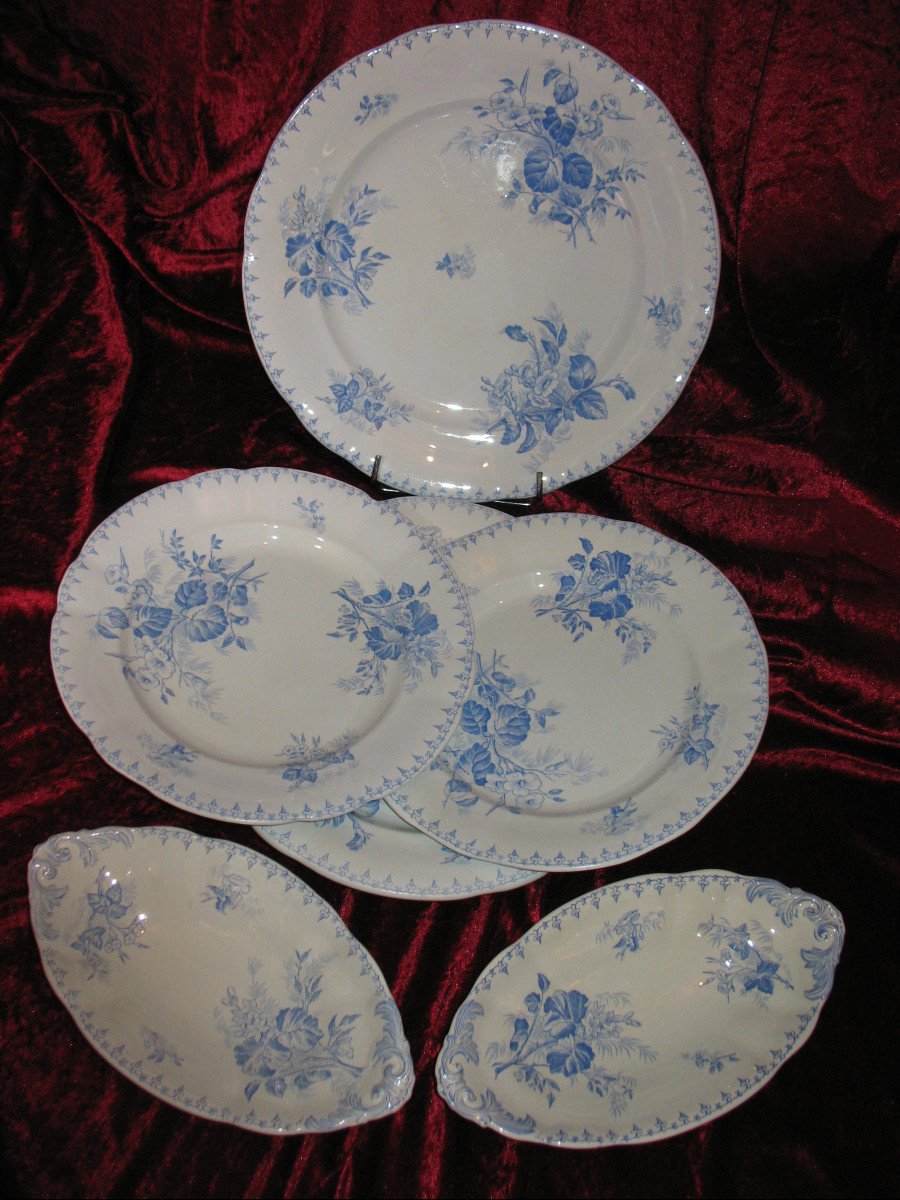 Sarreguemines Earthenware Table Service, 19th Century, "flora" Decor In Sky Blue, 106 Pieces-photo-6