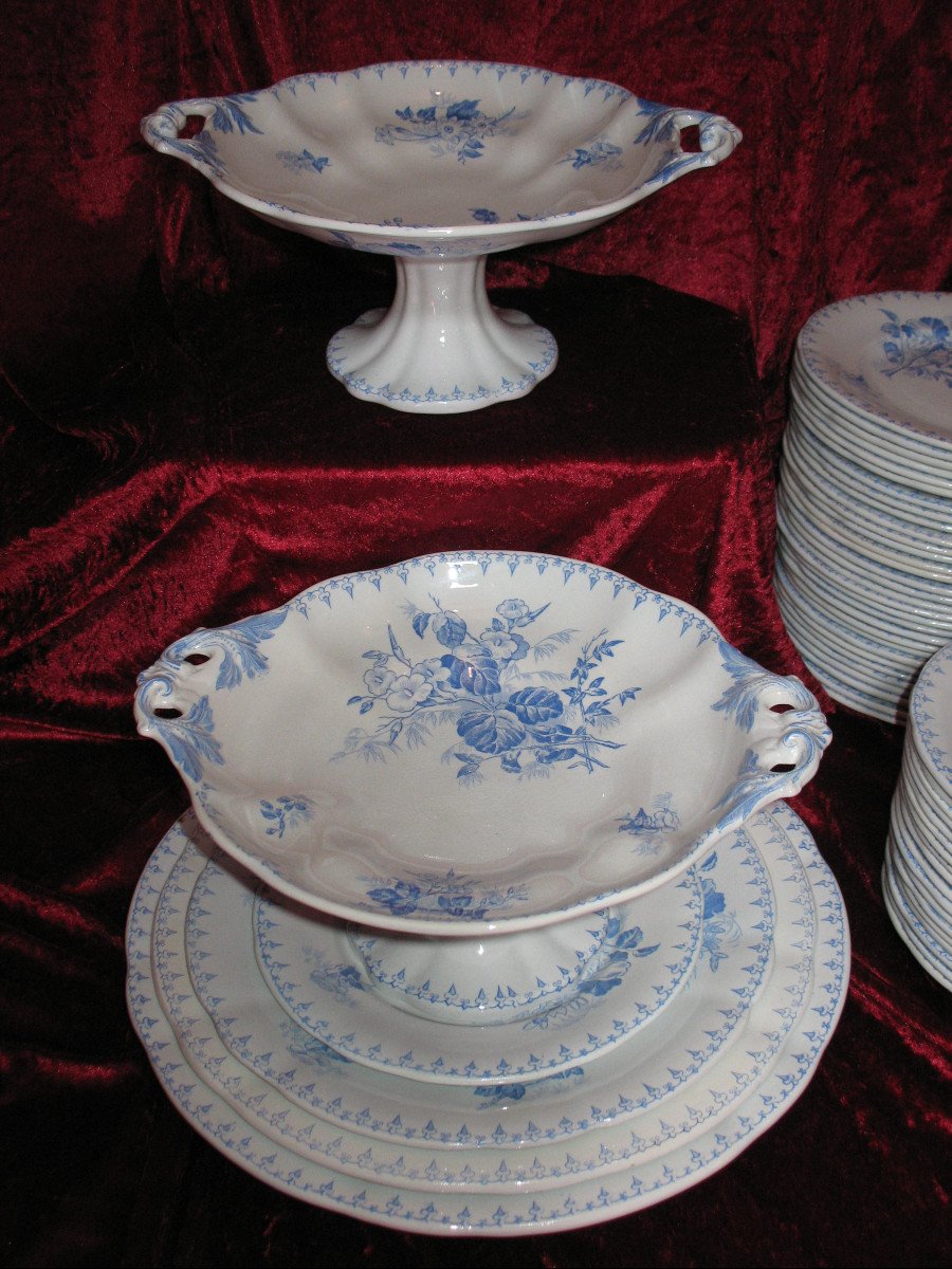 Sarreguemines Earthenware Table Service, 19th Century, "flora" Decor In Sky Blue, 106 Pieces-photo-7