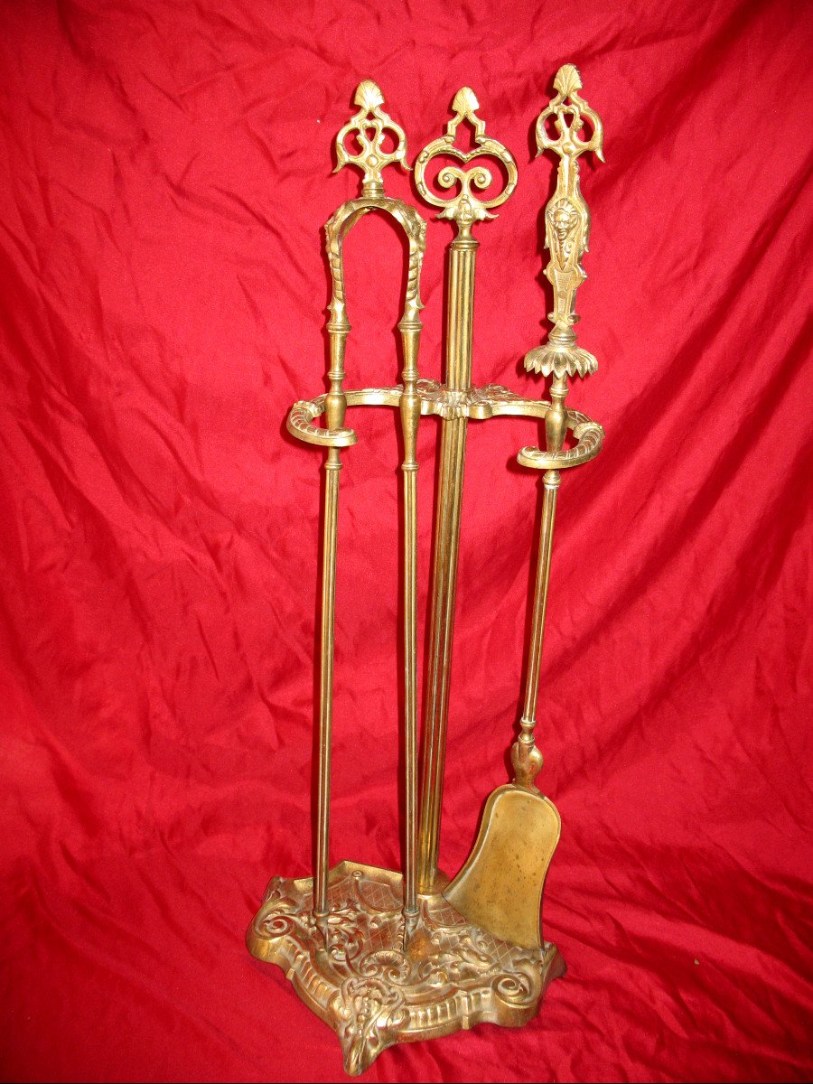Bronze Fireplace Set With Shovel And Tweezers, 19th Century