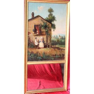 Trumeau époque Empire en bois doré et huile sur toile avec une scène champêtre