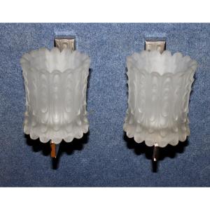 Pair Of Opalescent Glass Sconces From The 70s