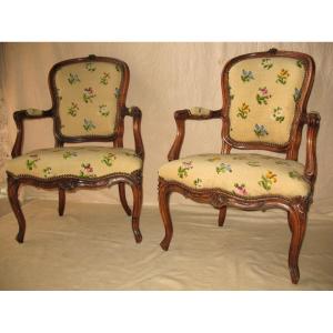 Pair Of Armchairs Stamped From The Louis XV Period In 18th Century Walnut