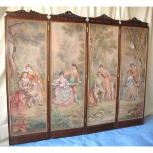 Carved Walnut Screen With 4 Leaves Painted With Gallant Scenes, Louis XVI Style, Ep. 19th