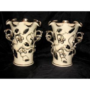 Pair Of Earthenware Vases From Langeais Decorated With Currants Signed Charles De Boissimon 19th