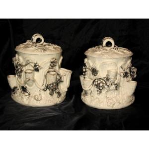 Pair Of Langeais Faience Pipe Holder Tobacco Jars With Grapes Decor, Signed 19th Century