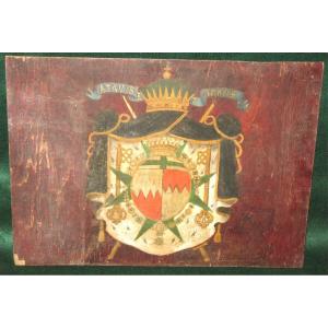 Blason peint sur panneau armoiries avec devise héraldique Ordre de Saint Lazare époque 19ème