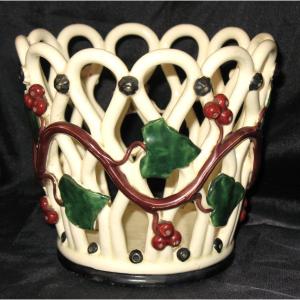 Langeais Earthenware Round Planter Decorated With Polychrome Berries Signed Ep. 19th