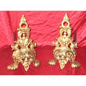 Pair Of Renaissance Style Bronze And Wrought Iron Andirons